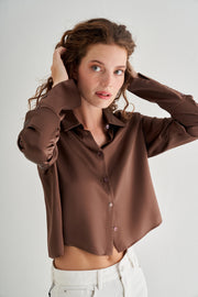 Acı Kahve Astrid Saf İpek Crop Gömlek