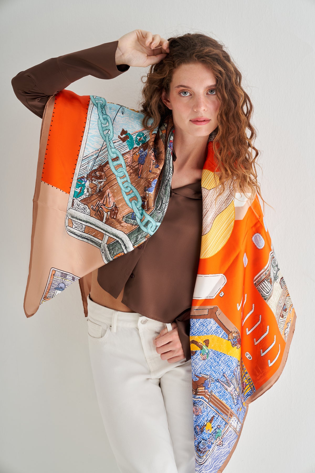 Renkli Lina Saf İpek Desenli Kare Eşarp 140x140  cm