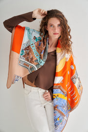 Renkli Lina Saf İpek Desenli Kare Eşarp 140x140  cm