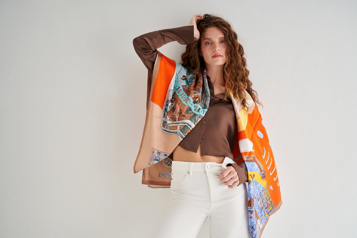 Renkli Lina Saf İpek Desenli Kare Eşarp 140x140  cm