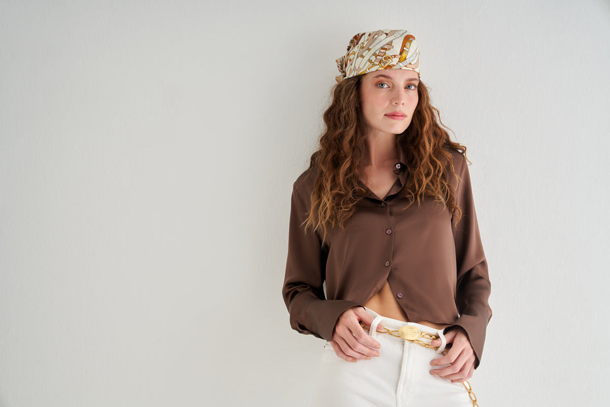 Açık Bej Lara Saf İpek Baskılı Eşarp 90x90 cm