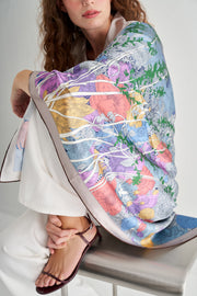 Mor Lina Saf İpek Desenli Kare Eşarp 140x140  cm