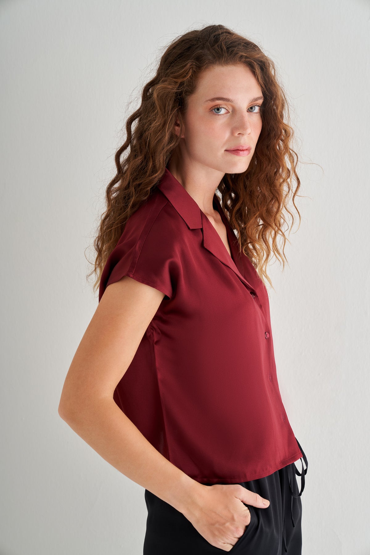 Bordo Astrid Saf İpek Kolsuz Gömlek