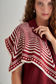 Bordo Beyaz Laila Saf İpek Kare Eşarp 50x50 cm