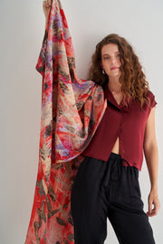 Kırmızı Saf İpek El Baskısı Ekolojik Şal 90 x 200 cm