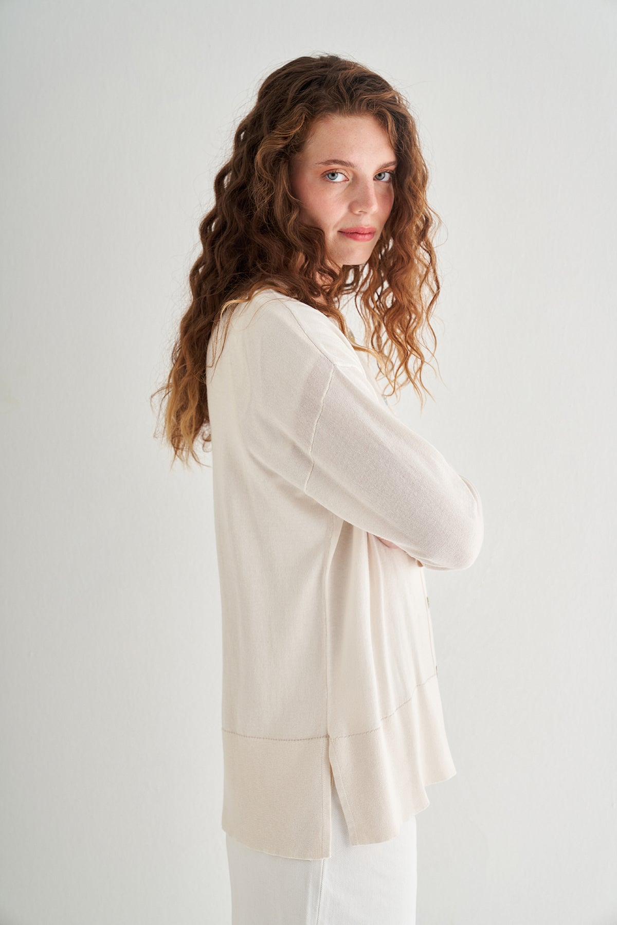 Ekru Mila Yuvarlak Yaka Triko Hırka