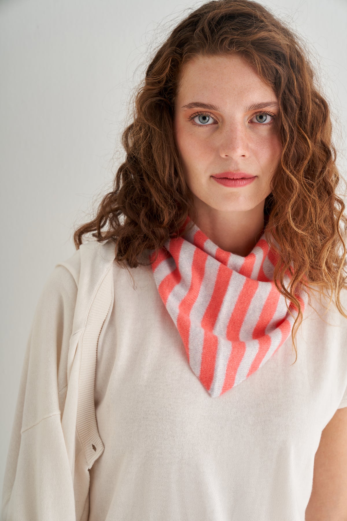 Pembe Beyaz Rose Saf Kaşmir Çizgili Fular Bandana 85x30x30 cm