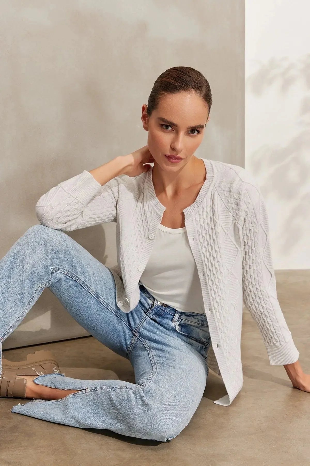 Ekru Kaşmir Ve Yün Recycled Cashmere Kadın Hırka