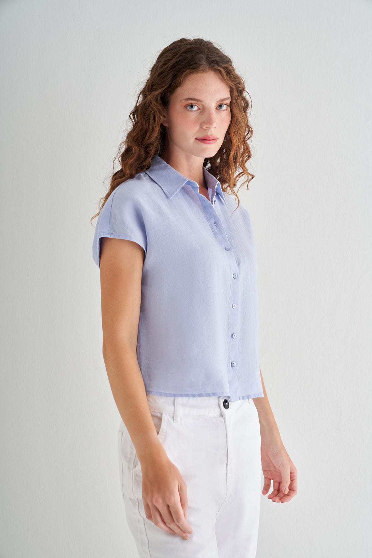 Açık Mavi Kate Keten Kısa Kollu Gömlek