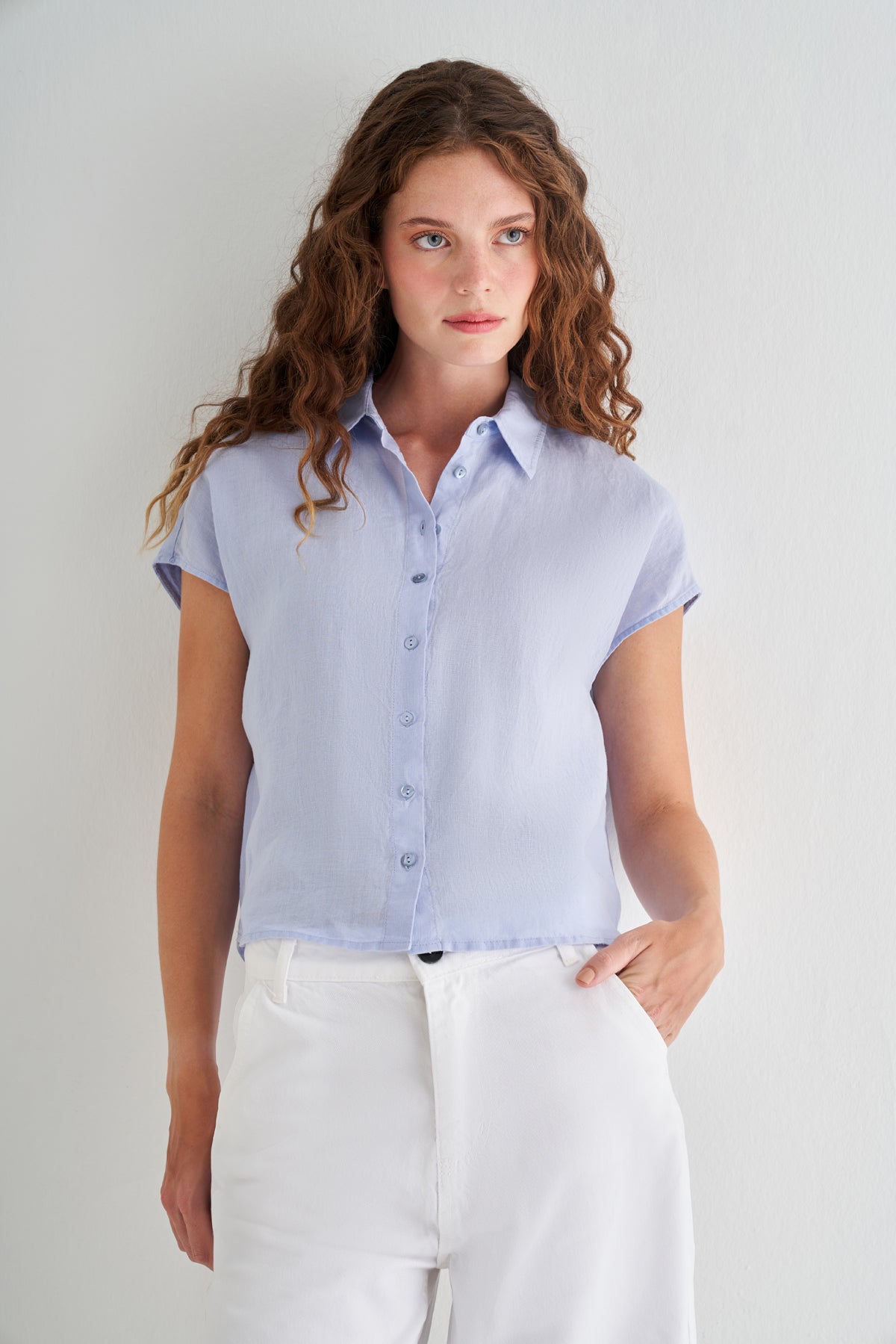 Açık Mavi Kate Keten Kısa Kollu Gömlek