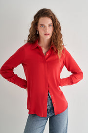 Kırmızı Saf İpek Audrey Uzun Kollu Gömlek