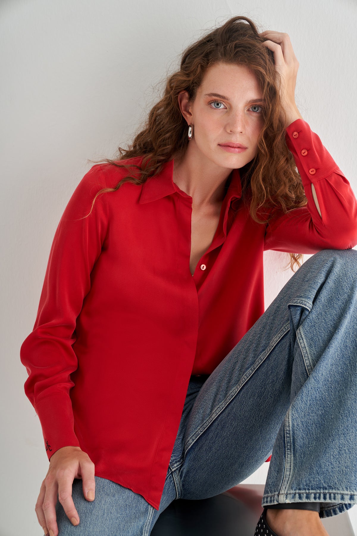 Kırmızı Saf İpek Audrey Uzun Kollu Gömlek