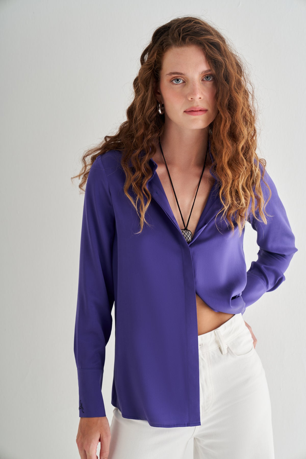 Mürdüm Eriği Saf İpek Audrey Uzun Kollu Gömlek