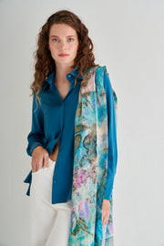 Mavi Saf İpek El Baskısı Ekolojik Şal 90 x 200 cm