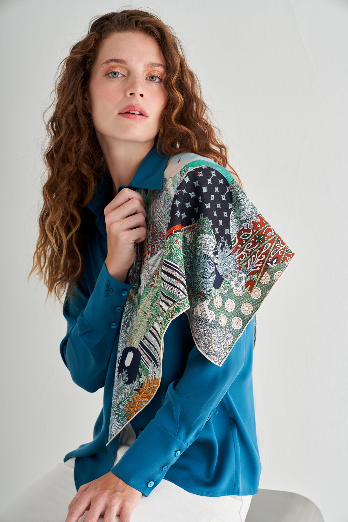 Renkli Lena Saf İpek Kare Eşarp 70x70 cm