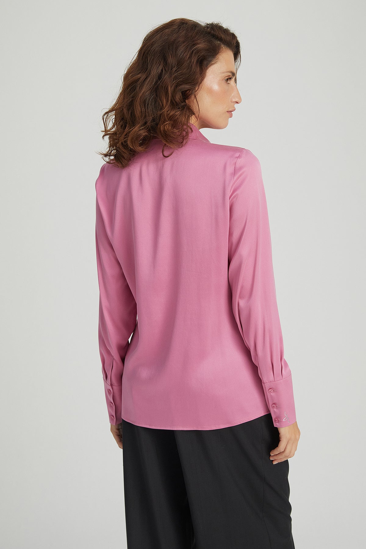Toz pembe Saf İpek Audrey Uzun Kollu Gömlek