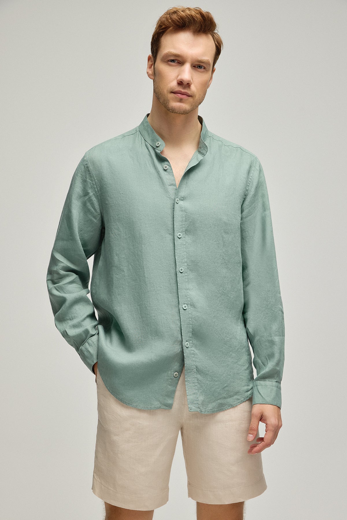 Haki Leon Keten Hakim Yaka Uzun Kollu Gömlek