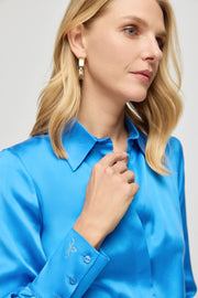 Mavi Saf İpek Audrey Uzun Kollu Gömlek