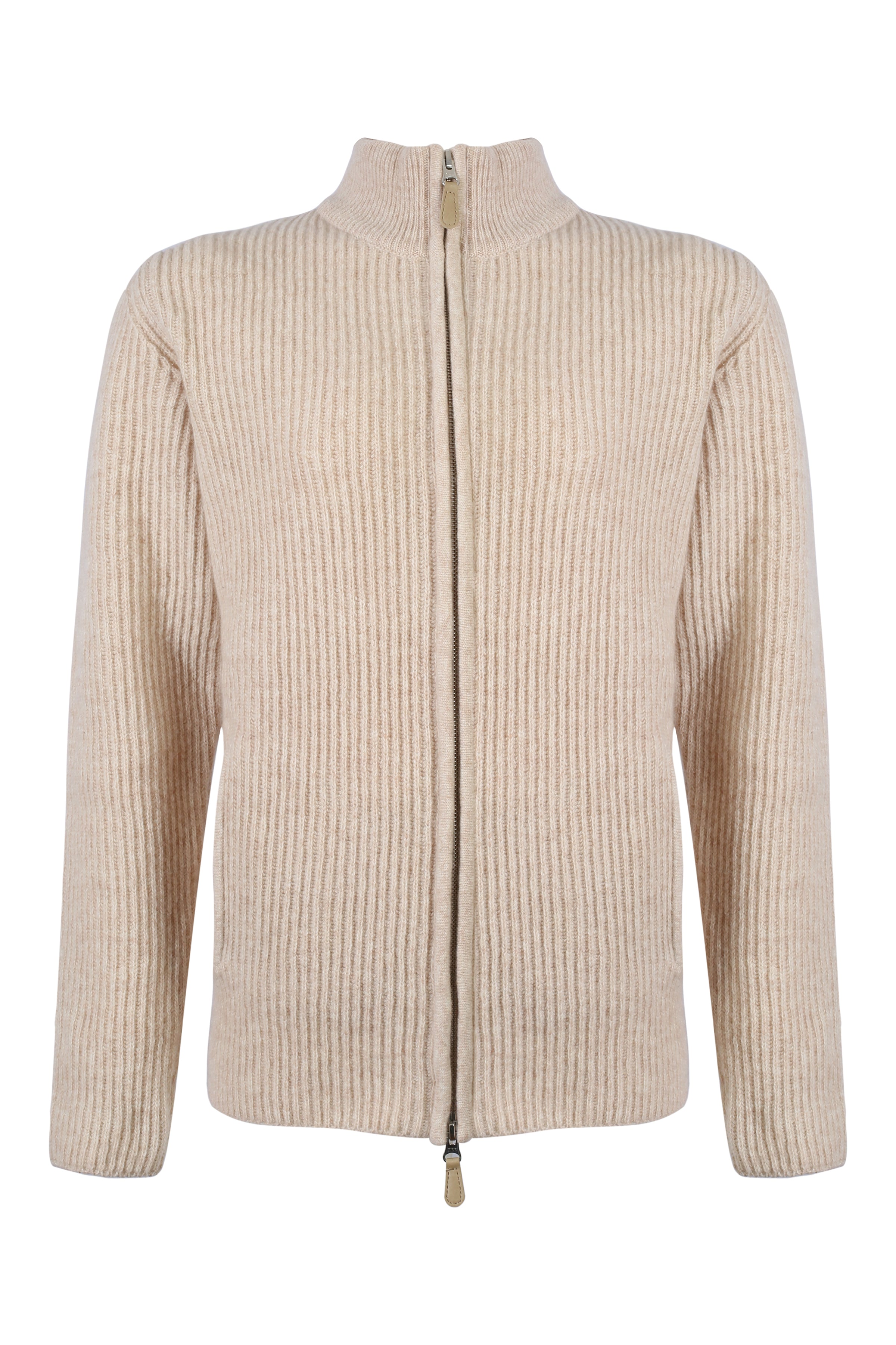 Kum Beji Saf Yün Fabio Yüksek Yaka Ribanalı Erkek Hırka