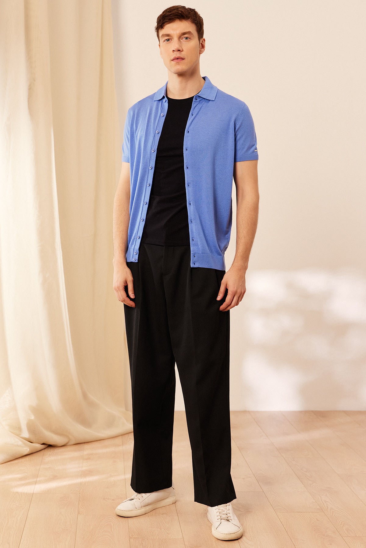 Mavi Kaşmir İpek Utku Kısa Kollu Polo Yaka Triko Gömlek