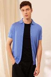 Mavi Kaşmir İpek Utku Kısa Kollu Polo Yaka Triko Gömlek