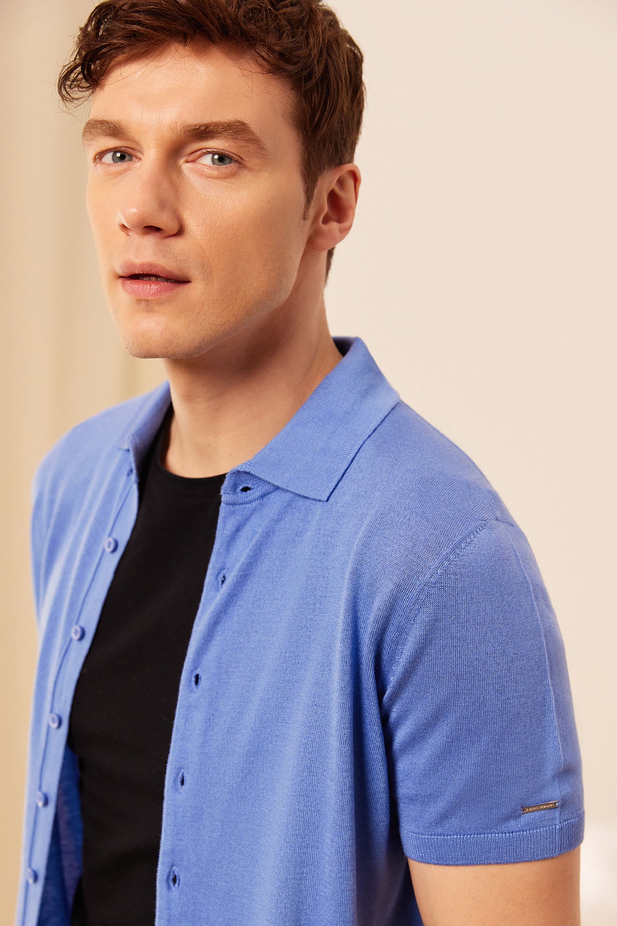 Mavi Kaşmir İpek Utku Kısa Kollu Polo Yaka Triko Gömlek
