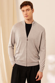 Açık Gri İpek ve Kaşmir Yarım Balıkçı Yaka Uzun Kollu Utku Erkek Hırka