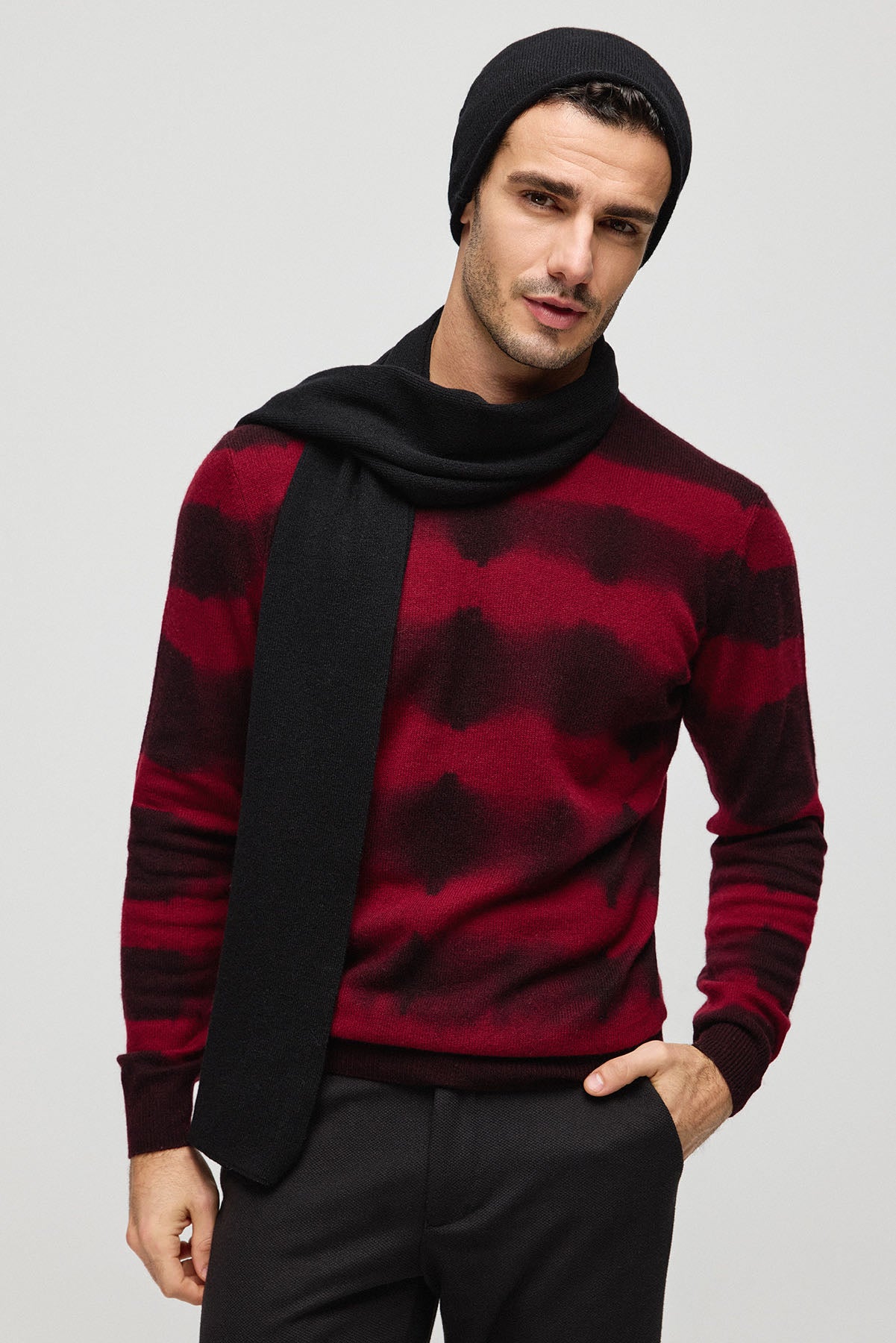 Kırmızı Kaşmir Yün Çizgili Yuvarlak Yaka Uzun Kollu Erkek Kazak