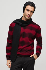 Kırmızı Kaşmir Yün Çizgili Yuvarlak Yaka Uzun Kollu Erkek Kazak