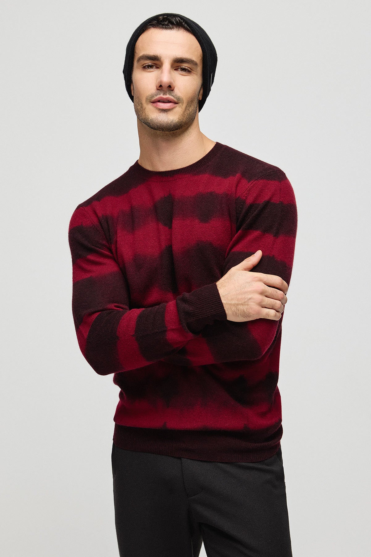 Kırmızı Kaşmir Yün Çizgili Yuvarlak Yaka Uzun Kollu Erkek Kazak