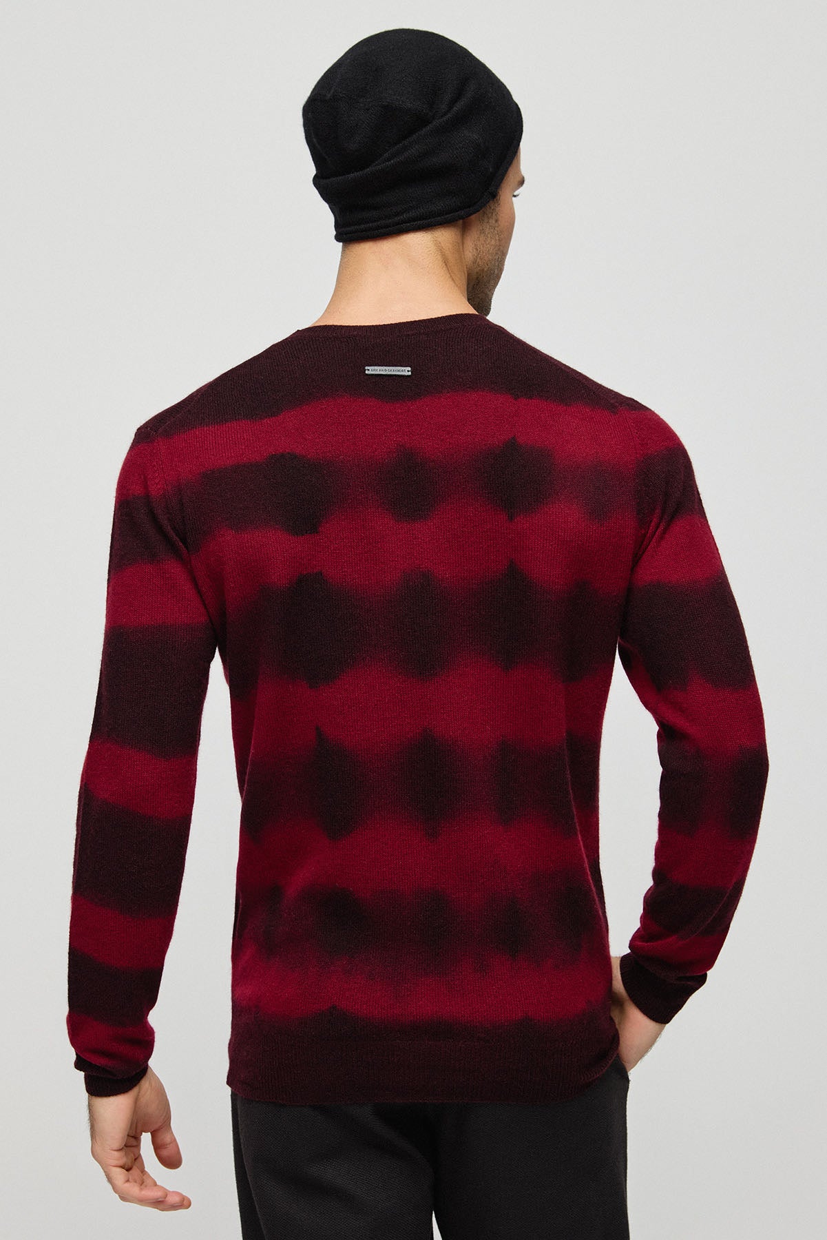 Kırmızı Kaşmir Yün Çizgili Yuvarlak Yaka Uzun Kollu Erkek Kazak