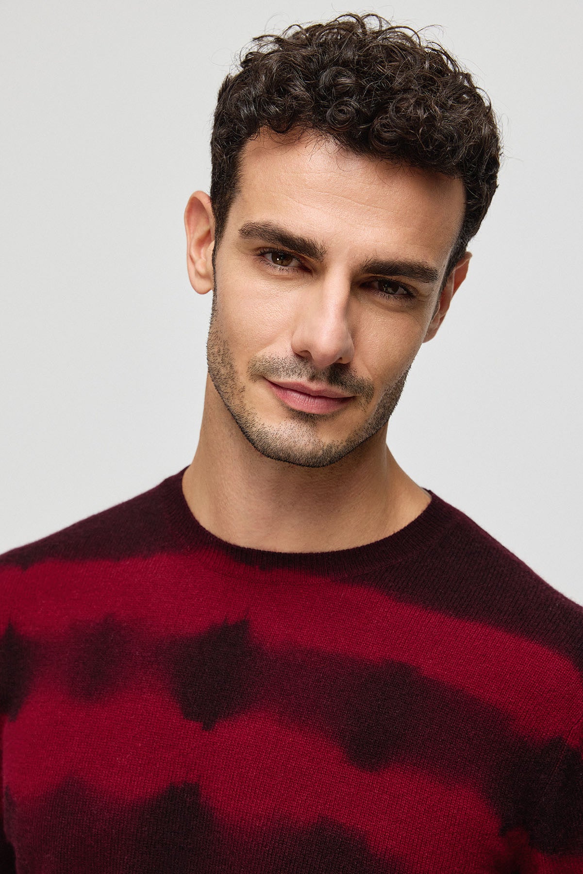 Kırmızı Kaşmir Yün Çizgili Yuvarlak Yaka Uzun Kollu Erkek Kazak