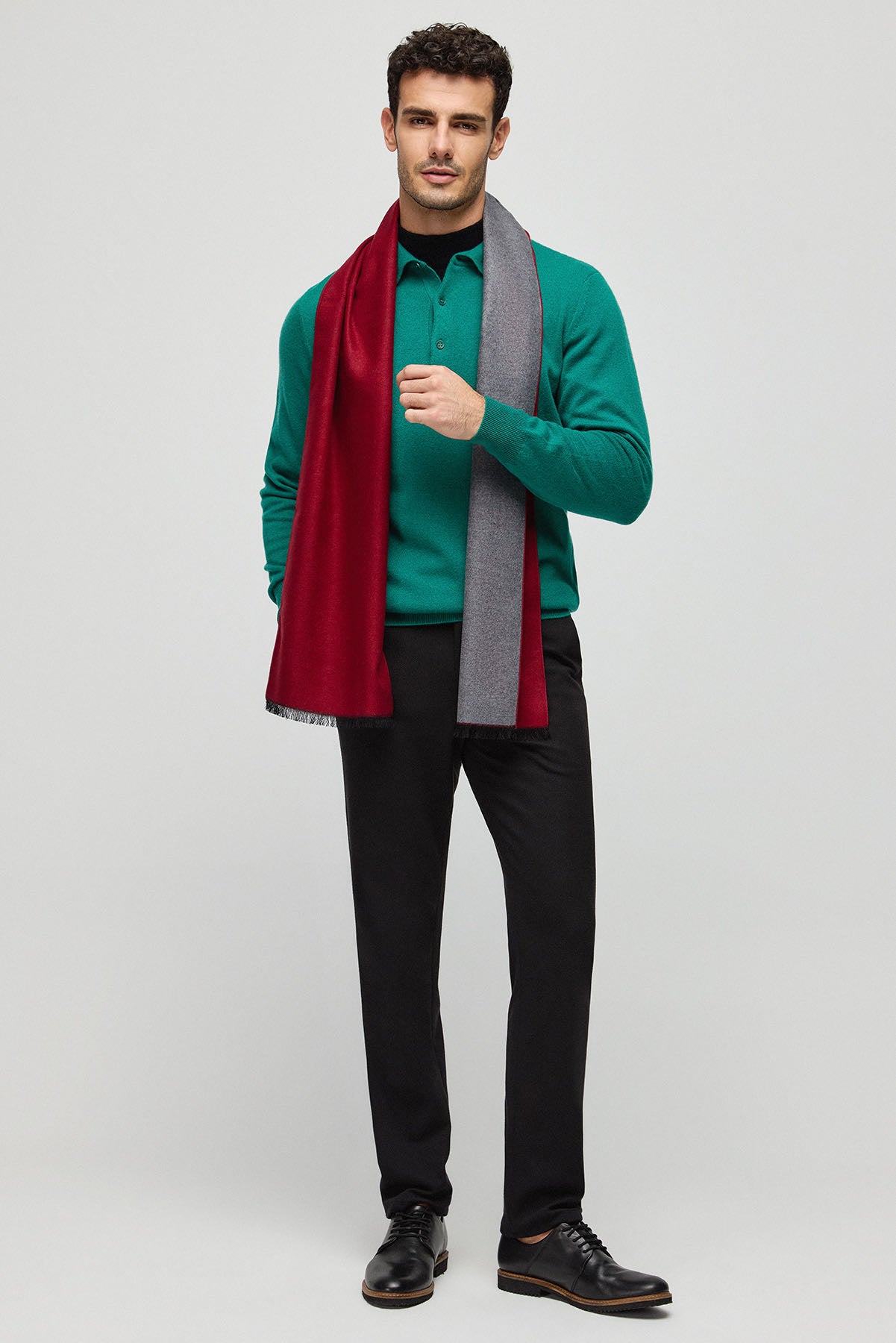 Yeşil Saf Kaşmir Polo Yaka Uzun Kollu Erkek Kazak