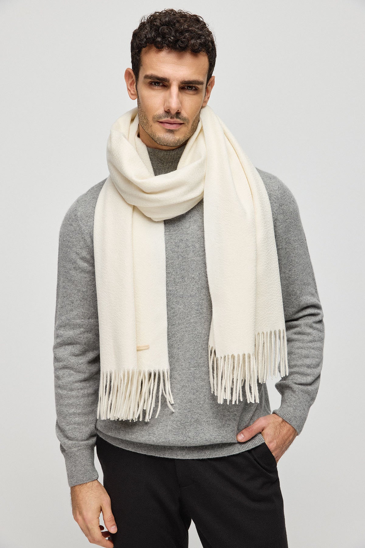 Orta Gri Melanj Saf Kaşmir Yarım Balıkçı Yaka Uzun Kollu Erkek Kazak