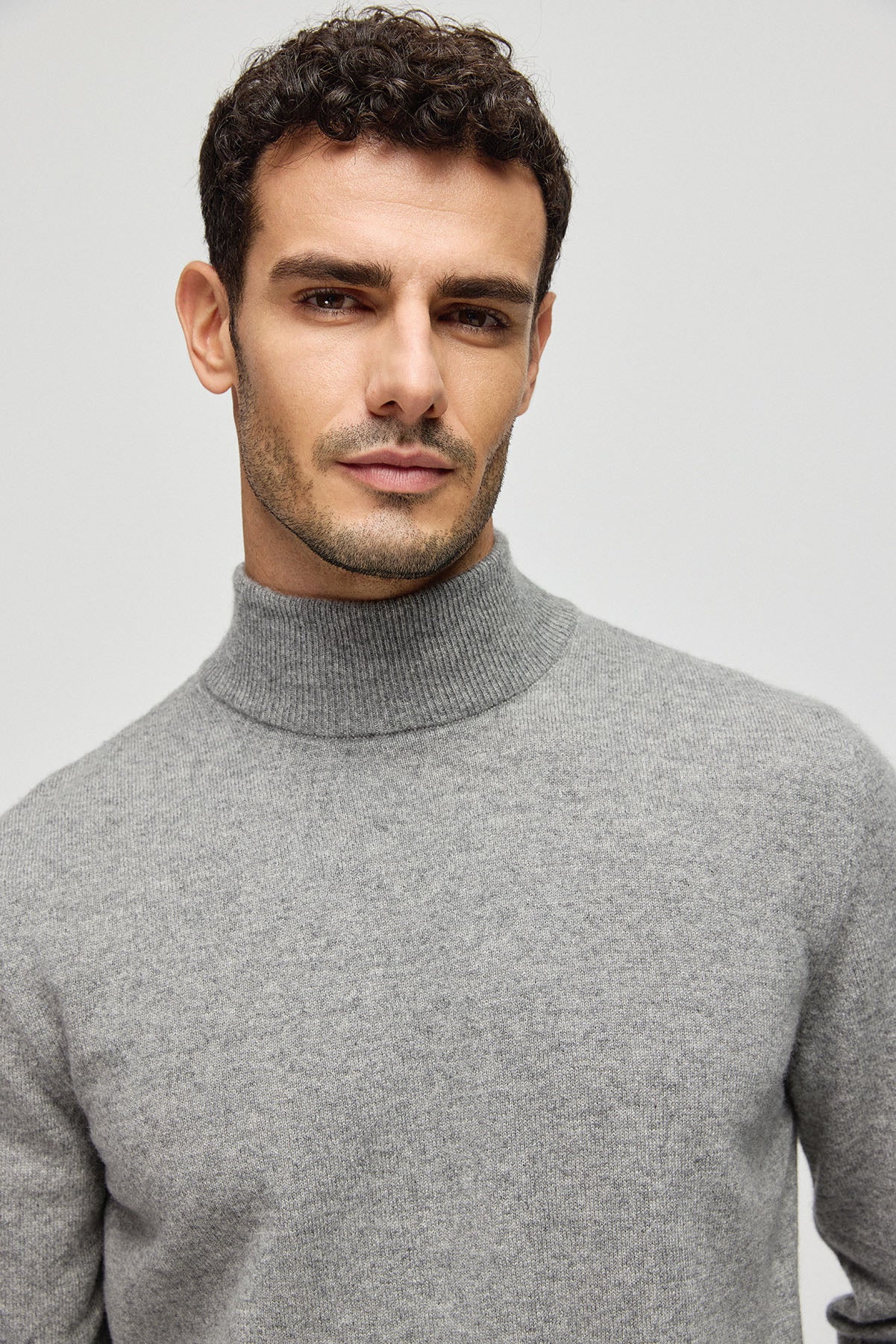Orta Gri Melanj Saf Kaşmir Yarım Balıkçı Yaka Uzun Kollu Erkek Kazak