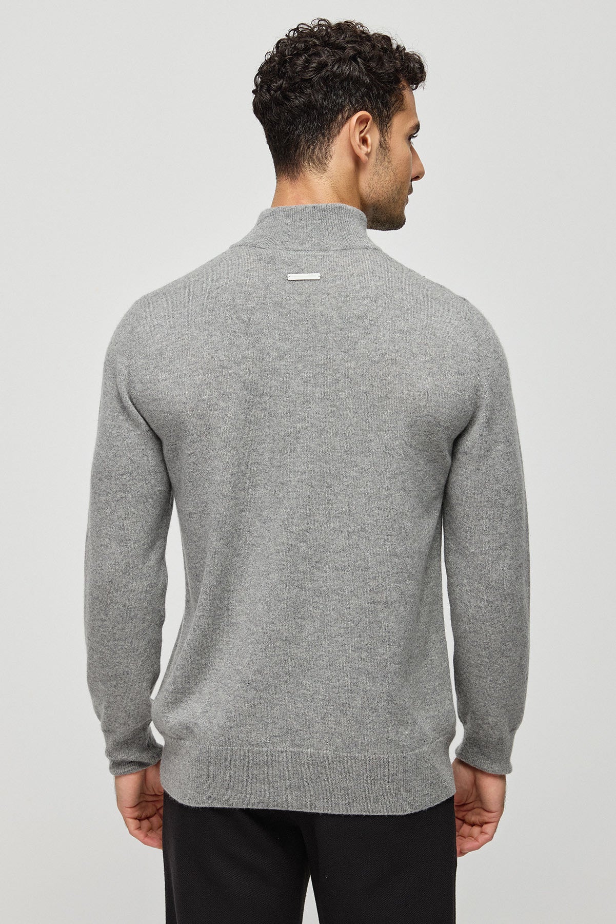 Orta Gri Melanj Saf Kaşmir Yarım Balıkçı Yaka Uzun Kollu Erkek Kazak