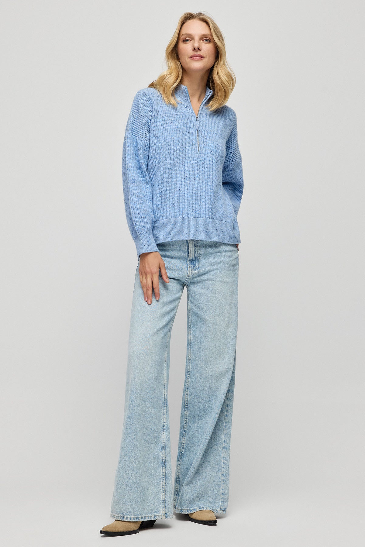 Mavi Aurora Avustralya Yünü Kaşmir Ribana Örgülü Fermuarlı Uzun Kollu Kadın Kazak