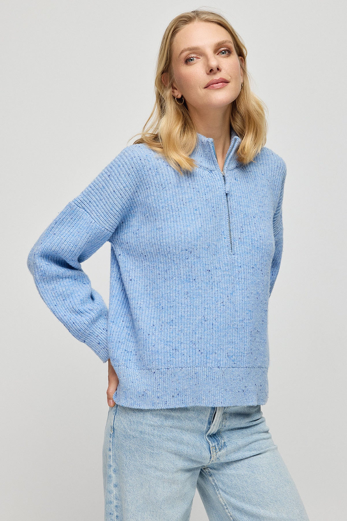 Mavi Aurora Avustralya Yünü Kaşmir Ribana Örgülü Fermuarlı Uzun Kollu Kadın Kazak