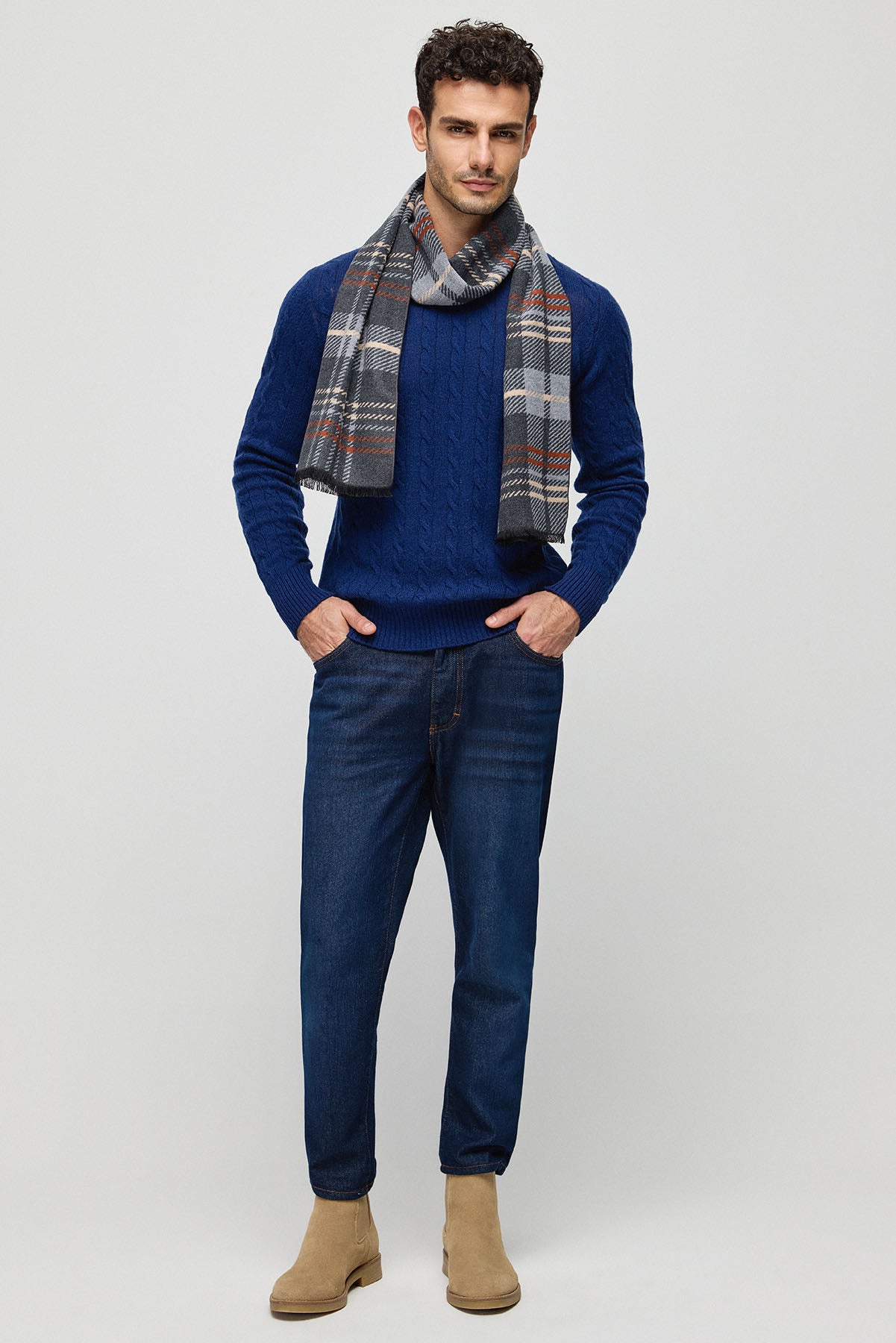 Lacivert Amerigo Avustralya Yünü Kaşmir Saç Örgülü Yuvarlak Yaka Uzun Kollu Erkek Kazak