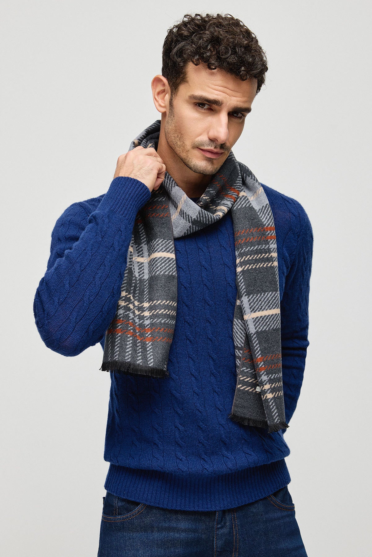 Lacivert Amerigo Avustralya Yünü Kaşmir Saç Örgülü Yuvarlak Yaka Uzun Kollu Erkek Kazak