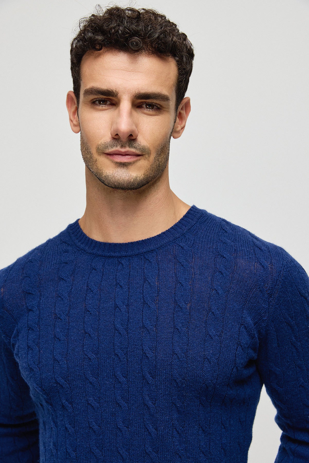 Lacivert Amerigo Avustralya Yünü Kaşmir Saç Örgülü Yuvarlak Yaka Uzun Kollu Erkek Kazak