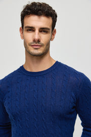 Lacivert Amerigo Avustralya Yünü Kaşmir Saç Örgülü Yuvarlak Yaka Uzun Kollu Erkek Kazak