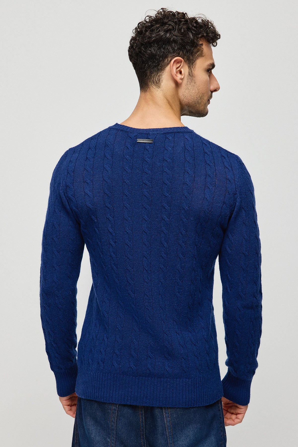 Lacivert Amerigo Avustralya Yünü Kaşmir Saç Örgülü Yuvarlak Yaka Uzun Kollu Erkek Kazak