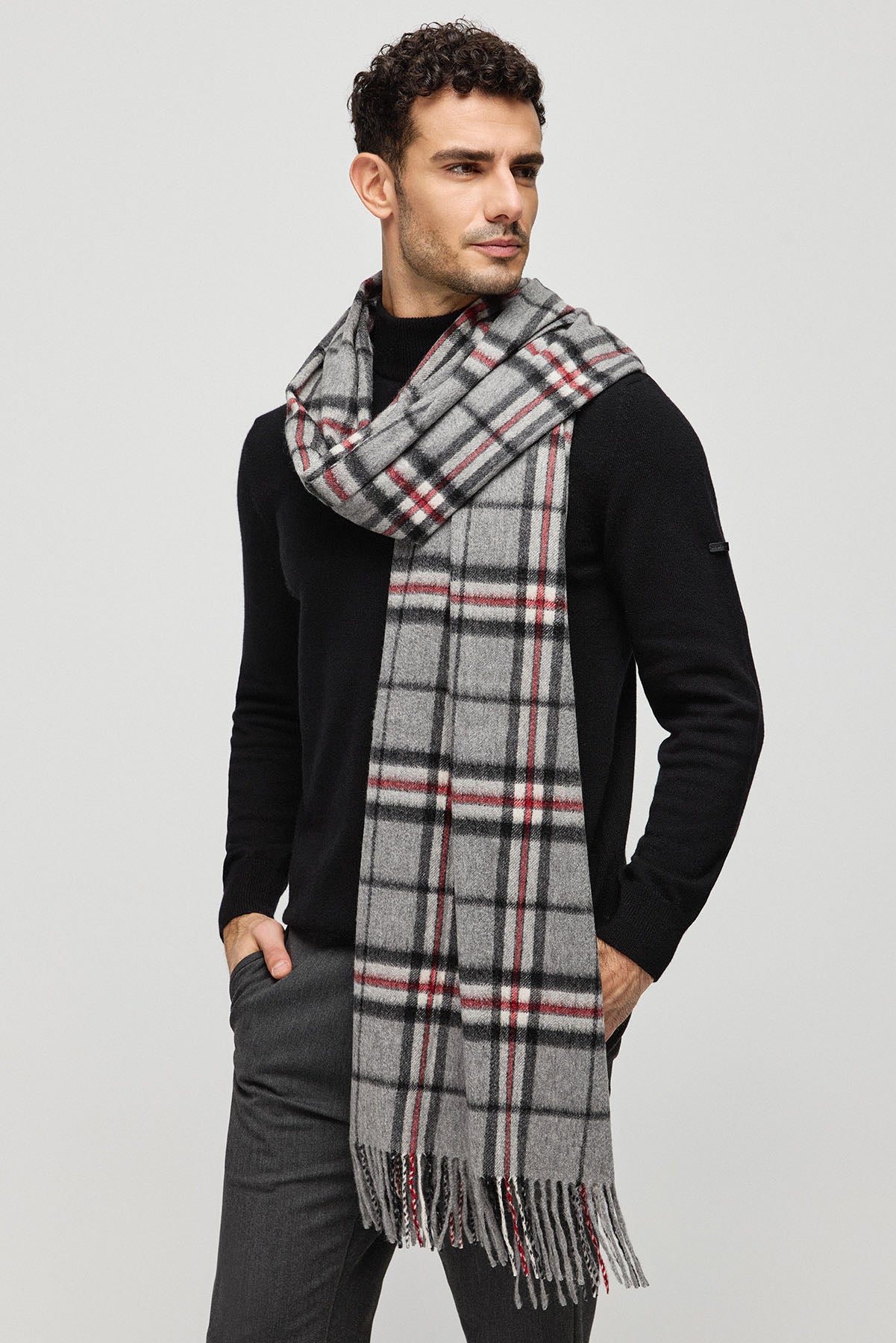 Gri Rose Saf Kaşmir Kareli Şal 74 x 194 cm