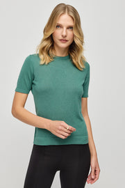 Yeşil İpek Kaşmir Aleyna Yuvarlak Yaka Kısa Kollu Kadın Triko