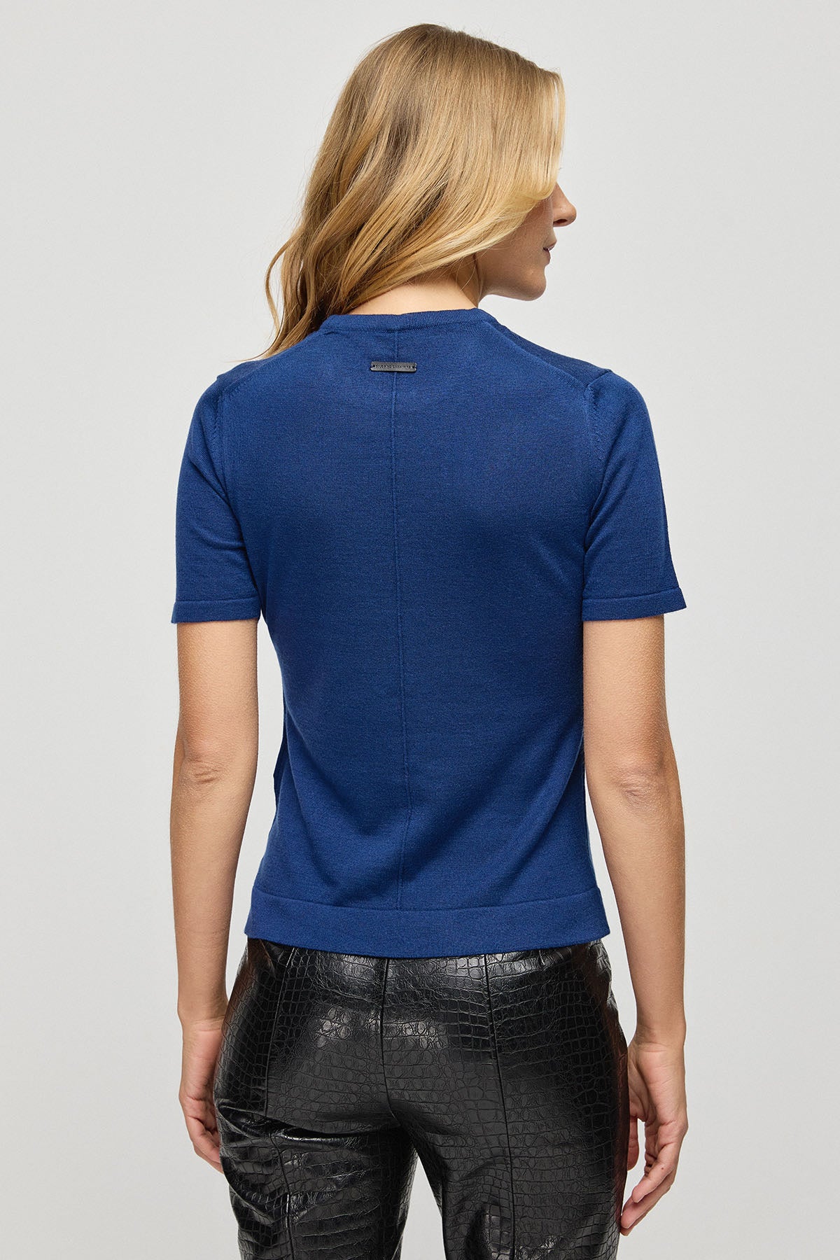 Lacivert İpek Kaşmir Aleyna Yuvarlak Yaka Kısa Kollu Kadın Triko