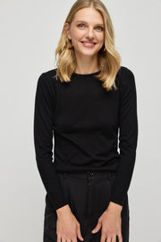 Siyah İpek Kaşmir Aleyna Yuvarlak Yaka Uzun Kollu Kadın Triko