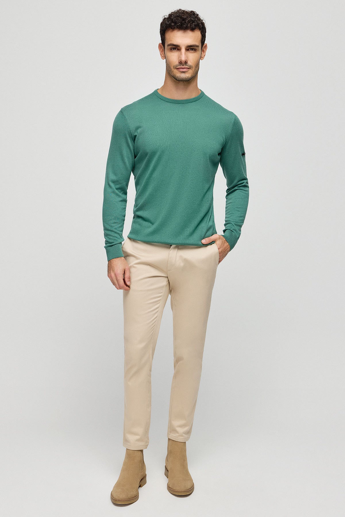 Yeşil İpek Kaşmir Utku Yuvarlak Yaka Uzun Kollu Erkek Triko