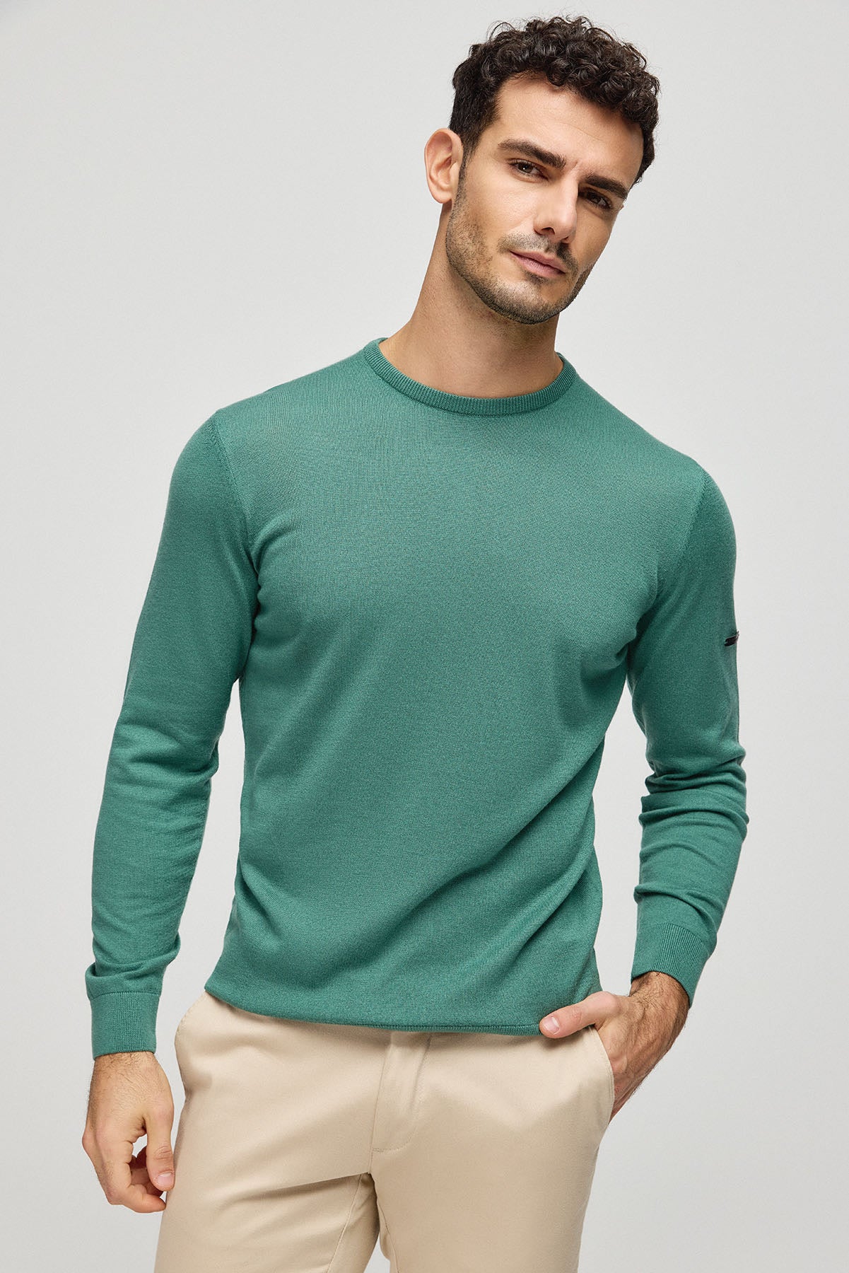 Yeşil İpek Kaşmir Utku Yuvarlak Yaka Uzun Kollu Erkek Triko