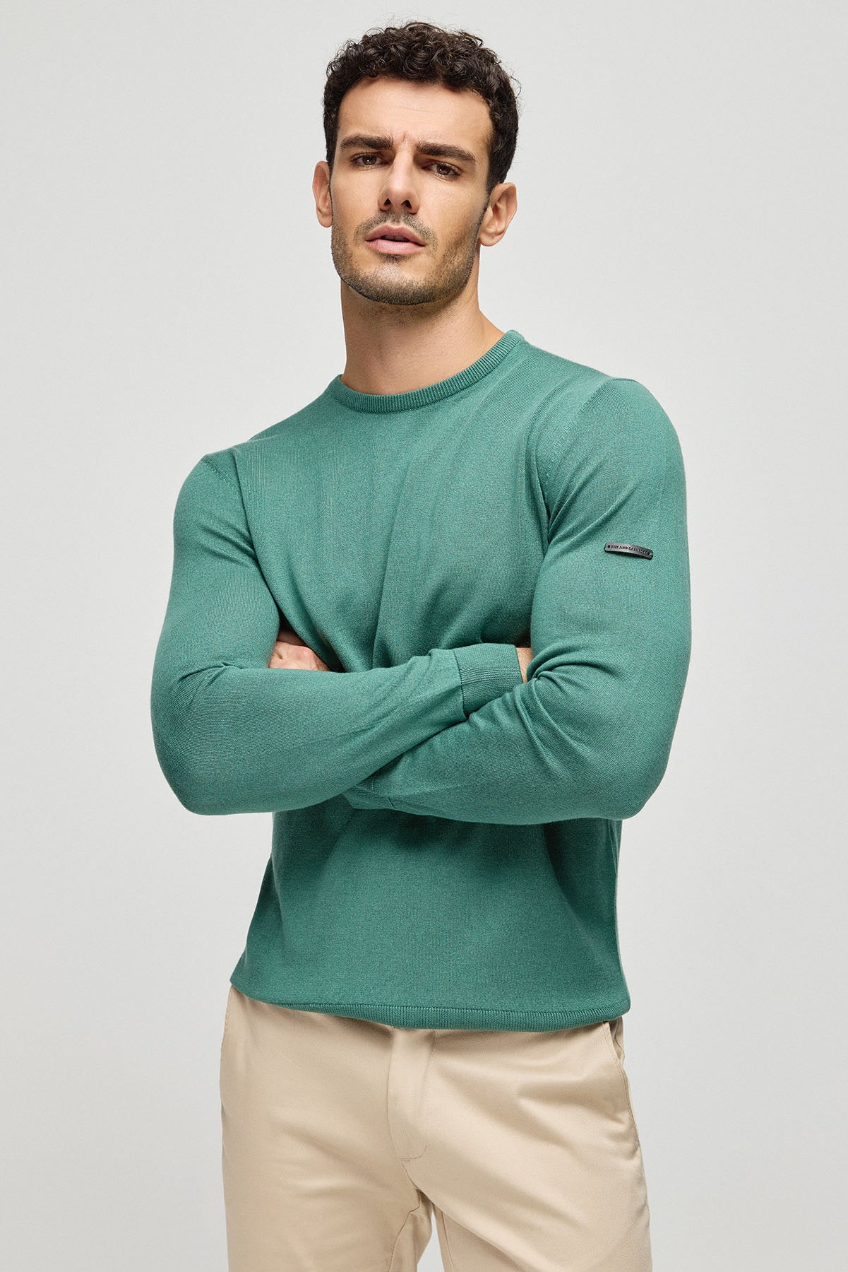 Yeşil İpek Kaşmir Utku Yuvarlak Yaka Uzun Kollu Erkek Triko